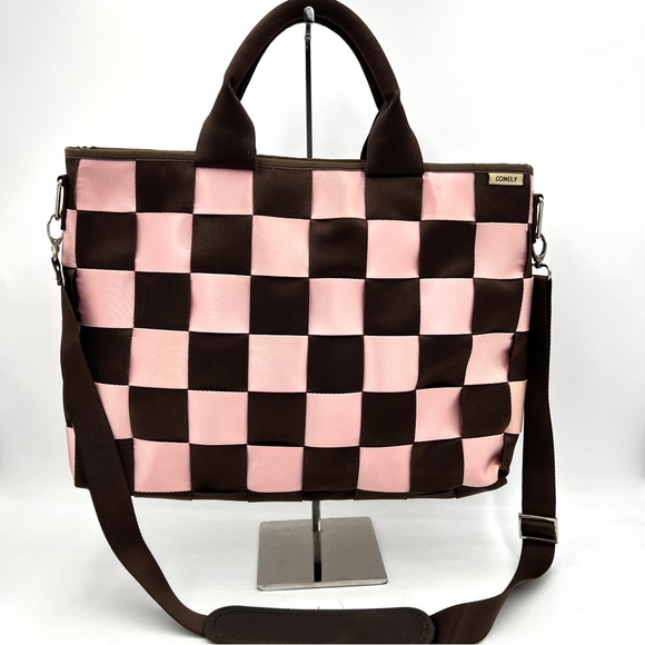 Comely Pink Brown Seat Belt Tote Bag with Adjustable Shoulder Strap - Picture 1 of 10